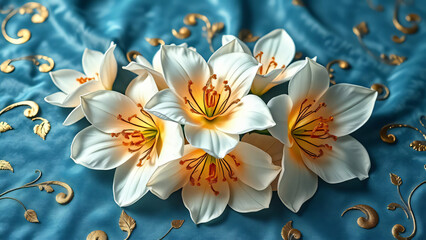 White and yellow lily flowers bloom beautifully against the serene blue nature sky