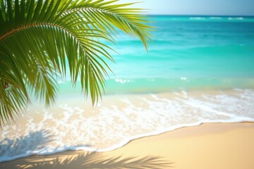 Obraz premium Tropical beach scene clear turquoise waves gently hitting the shore lush green palm leaves in the foreground golden sand sunny