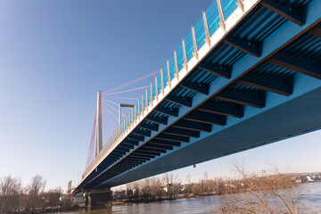 Cable-stayed bridge spanning the river Rhine near Neuwied under blue sky