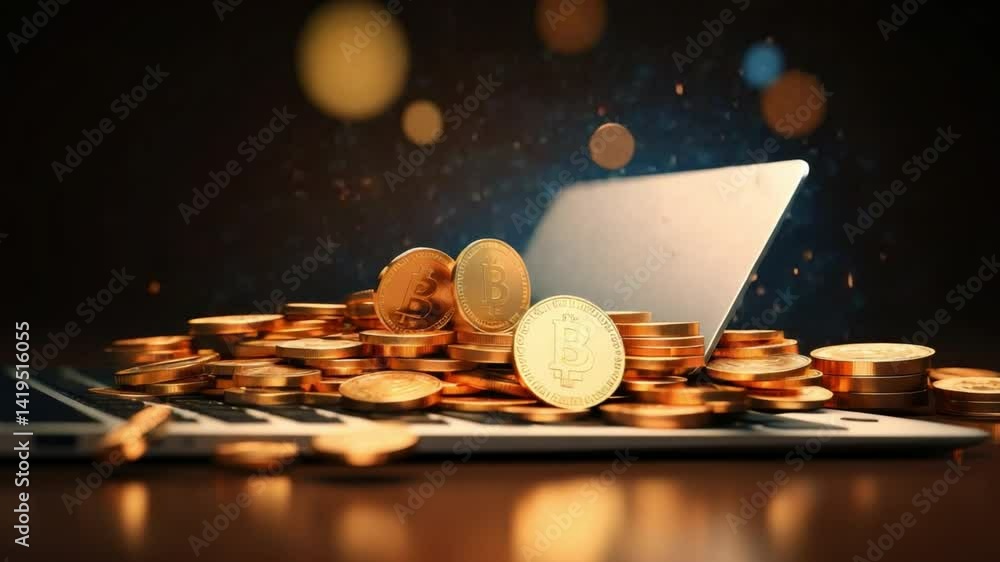 Poster digital riches: a laptop is surrounded by a heap of gleaming golden coins, symbolizing wealth accumu