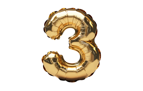 Number 3 in gold foil balloon font, with a transparent background