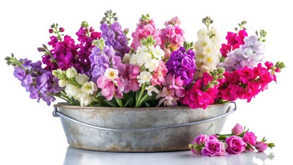 Naklejka premium Long Exposure Photography: Multicolored Matthiola Incana in Antique Basin - Night Bloom, Flower Photography, Garden Photography, Stock Photo