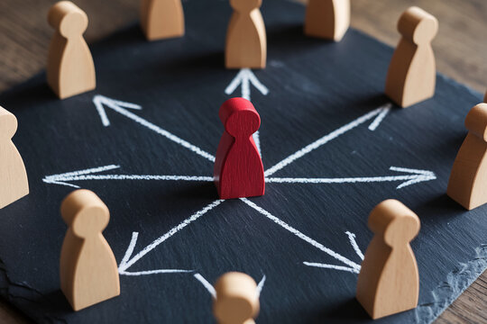 Red wooden figure surrounded by beige figures on dark surface, arrows pointing outwards, showcasing leadership, decision-making, or team management concept