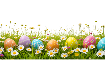 Colorful easter eggs decorate the green grass in a spring celebration