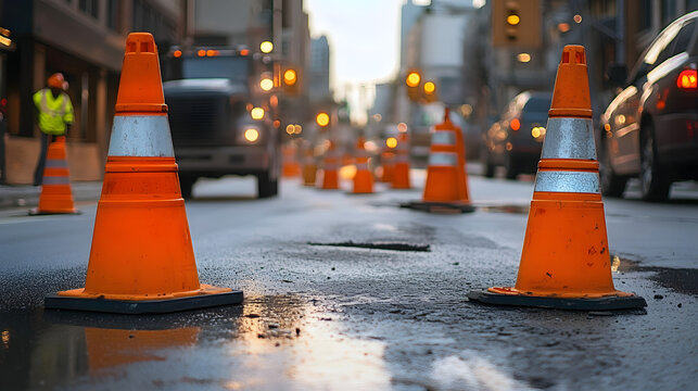 Detailed construction zone with temporary road signs, orange cones, reflective barriers, and a traffic flagger guiding vehicles