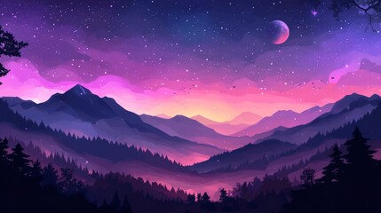 Pixel Art Night Landscape: Purple and Pink Sunset over Mountains
