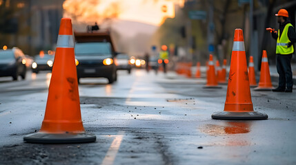 Detailed construction zone with temporary road signs, orange cones, reflective barriers, and a traffic flagger guiding vehicles