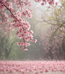 Obraz premium Delicate pink sakura petals drift on soft-focus spring backdrop , cherry blossom, cherry