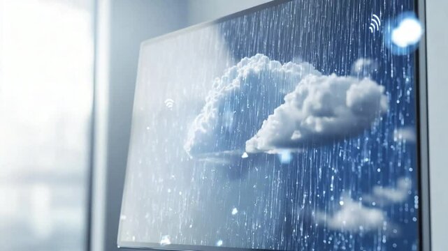 Serene Cloudscape Displayed on High-Definition Screen with Gentle Rain Effect