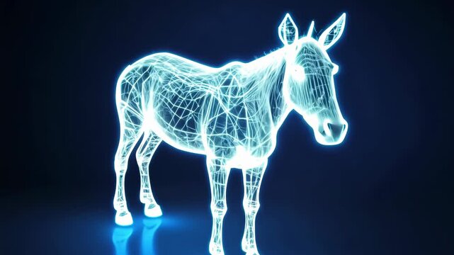 Glowing wireframe mule, dark background, digital art, science concept
