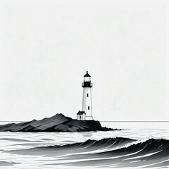 Monochrome Lighthouse on Rocky Isle - Nautical Illustration