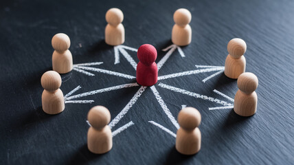 Obraz premium Wooden figures arranged around a central red figure, connected by chalk arrows on a dark surface, showcasing leadership, teamwork, or communication concept