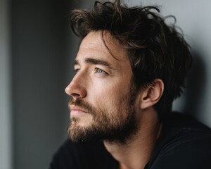 Fototapeta premium Anhedonia concept. Thoughtful man with tousled hair gazing into the distance.