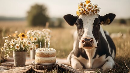 Happy Cow with Birthday Cake in Sunny Field