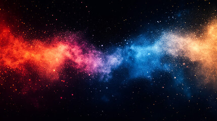 Naklejka premium Grainy noise texture backdrop, vibrant glowing blue, red, orange abstract gradient shapes on black. Dark banner, poster, header, cover, wallpaper design