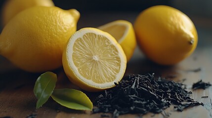 Preparing Lemon Tea Slices and Dried Tea Leaves on Wooden Surface