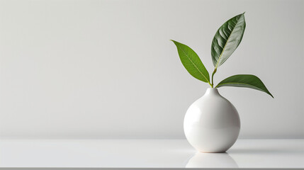 Minimalist composition of a fresh green leaf in a small white vase on a white surface, creating a calm and clean aesthetic.
