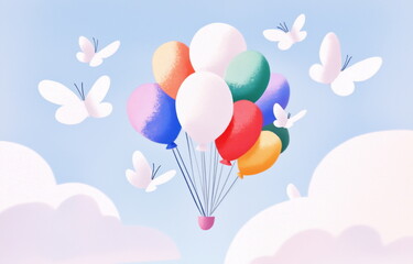 Naklejka premium sky with clouds and colorful balloons floating in the background, white butterflies drifting around