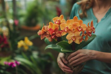 Naklejka premium Gardener showcasing a vibrant orange orchid amidst a greenhouse brimming with a variety of colorful flowers and lush greenery
