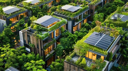 Eco-friendly city with green rooftops and solar panels