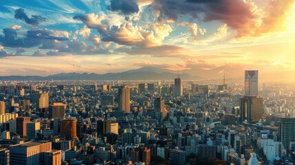 Fototapeta premium Cityscape of a Japanese city with mountains in the distance