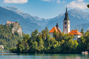 Panorama of the Bled Lake, island with a Church and Bled Castle in Slovenia