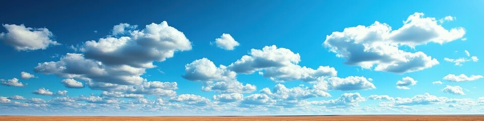 Naklejka premium A vast green field under a perfect summer sky, with puffy white clouds floating lazily. The horizon stretches far, offering a spacious background for marketing designs.