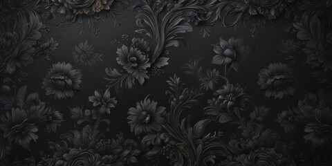 Luxurious black floral wallpaper, deep charcoal hues, ornate design , charcoal wallpaper, shadow, damask