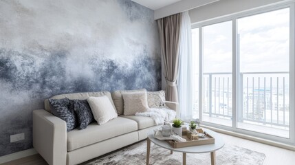 Condo living room showcasing a cohesive design theme with soft furnishings and feature wall