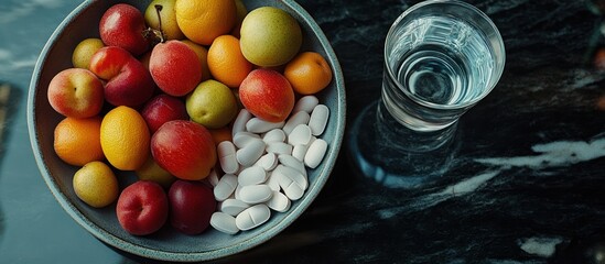 Colorful fruit, pills, water on dark table. Healthy lifestyle concept