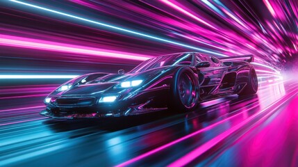 Fototapeta premium Neon Nights: A Retro Supercar's High-Speed Pursuit Through a Futuristic Tunnel