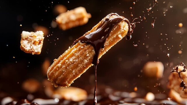 Delicious churro covered in chocolate sauce with crispy toppings in a mouthwatering dessert showcase