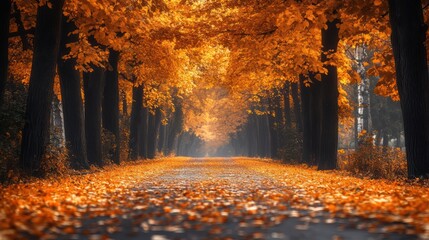 Autumnal canopy: A pathway through a forest bathed in golden hues of the fall season