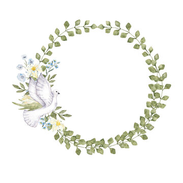 Wreath of green leaves decorated with dove and flowers. Round frame. Watercolor illustration. Isolated. For first communion, baptism, wedding greeting cards, invitation, save the date. Copy space