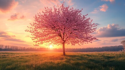 Fototapeta premium A Blossoming Spring: Cherry Tree Radiating Warmth in an Open Meadow at Sunrise
