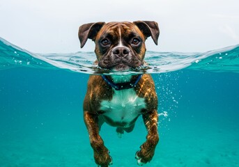Boxer dog swimming in crystal clear turquoise water idyllic scenery