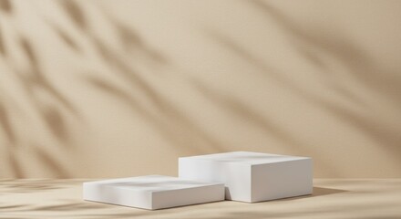Two white cube podiums on beige background with leaf shadow overlay.