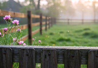 Fototapeta premium Delicate droplets of spring dew rest on an aged wooden fence, while vibrant pink flowers bloom nearby in a serene countryside atmosphere during early morning