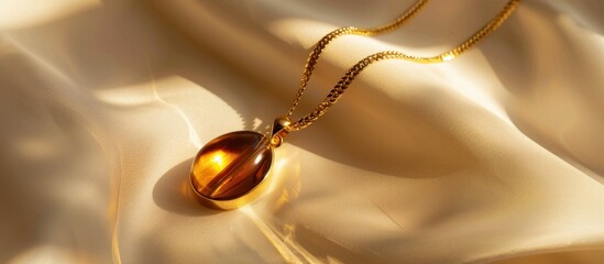 Golden tiger eye pendant necklace resting on soft, flowing fabric with light