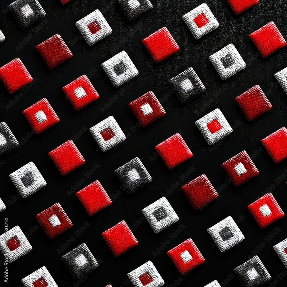 Poster abstract composition of textured squares in red, white, and black on a dark background