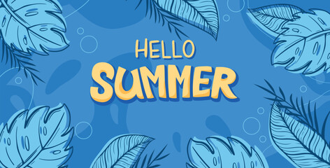 Seasonal Hello Summer banner template with Vector illustration of Hello Summer lettering, palm leaves against a blue background.