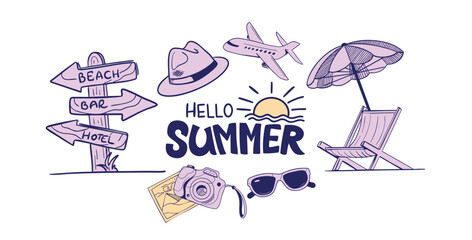 Hello Summer concept background. Collection of hand drawn summer, vacation and travel icons in doodle naive style. Vector illustration of summer travel vacation concept.