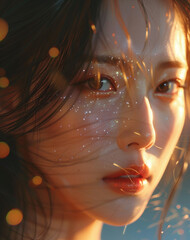 an extremely beautiful Korean woman, soft luminous almond-shaped eyes, high nose bridge, smooth radiant skin, plump lips a natural smile, long dark brown hair blowing gently, golden backlight