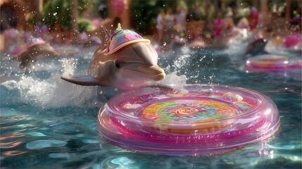 Playful Dolphin with Birthday Hat in a Pool Party