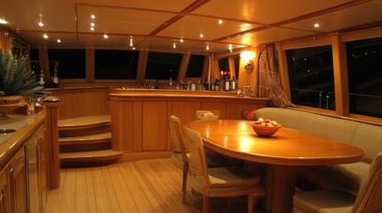 Spacious dining area with built-in bar and overhead lighting as part of full room design