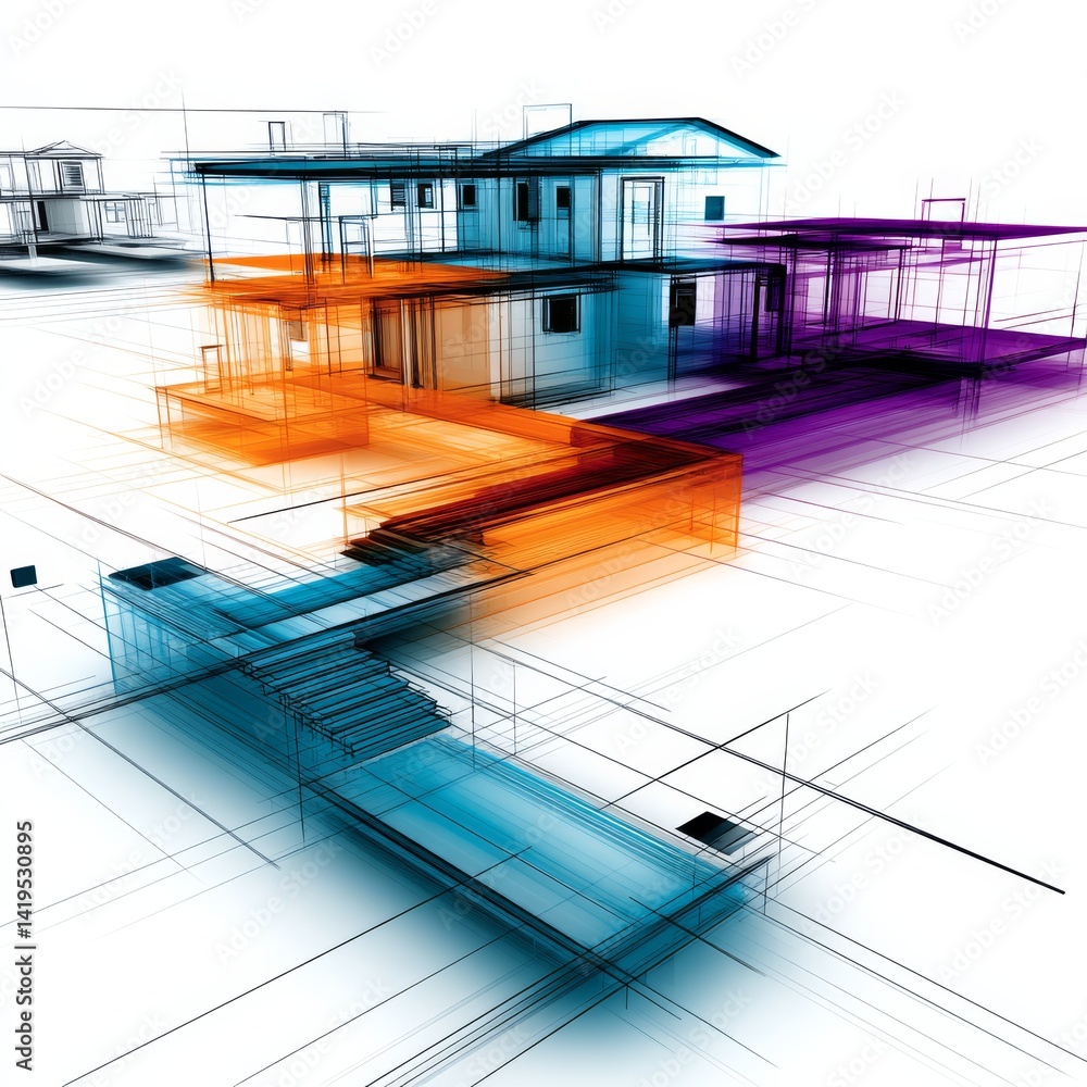 Poster architectural design: an abstract rendering of modern buildings in a dynamic color palette