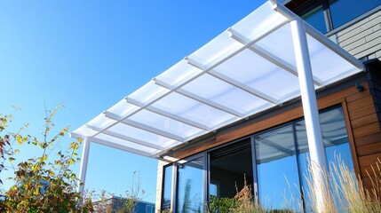 Fototapeta premium Sturdy pole-mounted awning over deck area, installed with smooth PVC sheets and welded joints