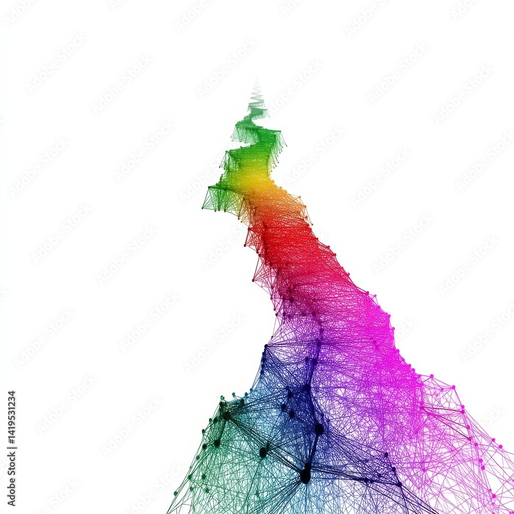 Poster Colorful Network Pathway: Abstract Digital Art with Connected Nodes and Lines on White Background