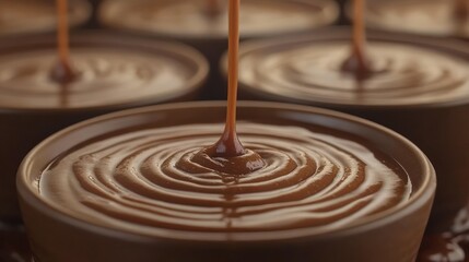 Caramel sauce poured into small bowls.  A close-up view of a slow pour of rich caramel into shallow bowls, creating swirling patterns