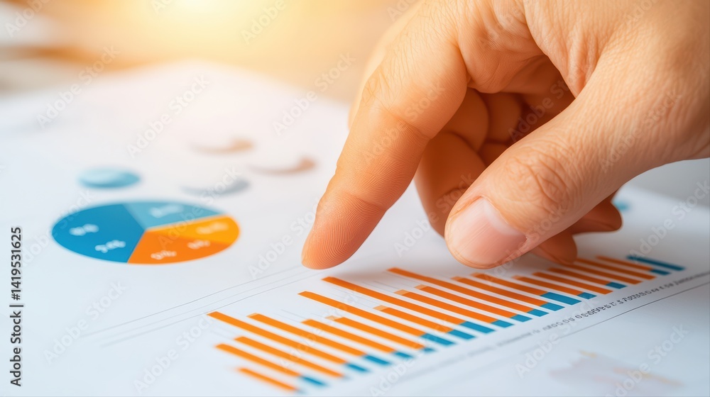 Poster person analyzing business data with charts and graphs in office setting